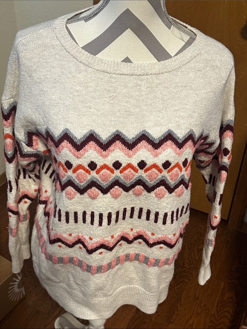 LOFT Cream Fair Isle Crewneck Sweater with Pink & Burgundy Accents